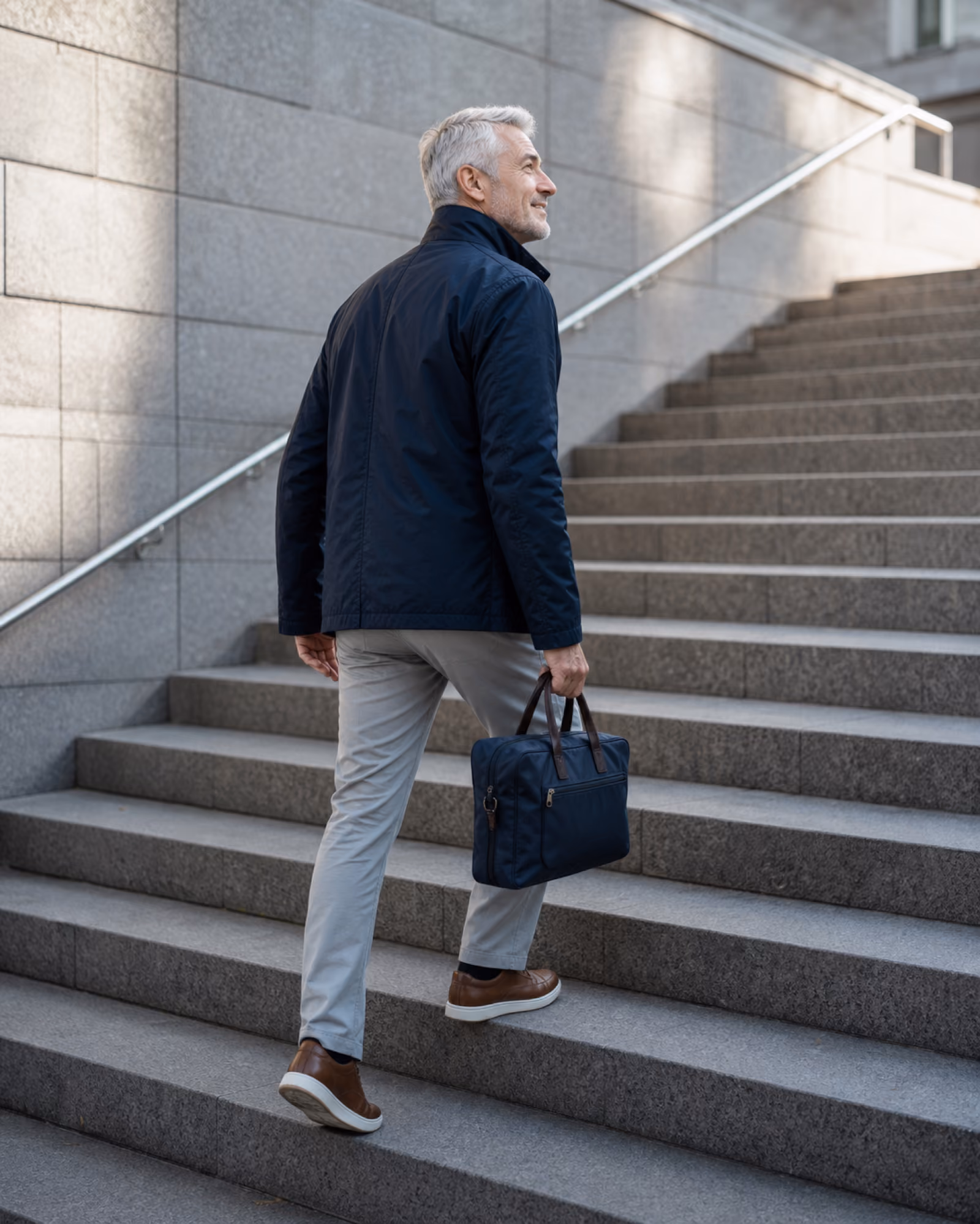 A man climbs a broad outdoor staircase carrying his work bag