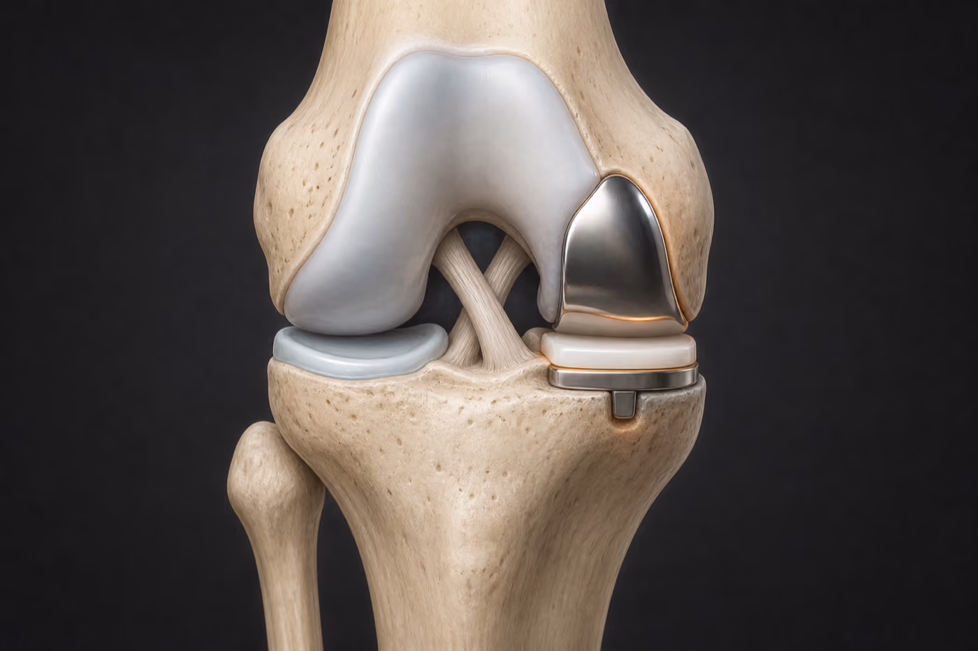 Illustration of a right knee with a partial replacement resurfacing only the inner compartment, the outer compartment and the cruciate ligaments left in place