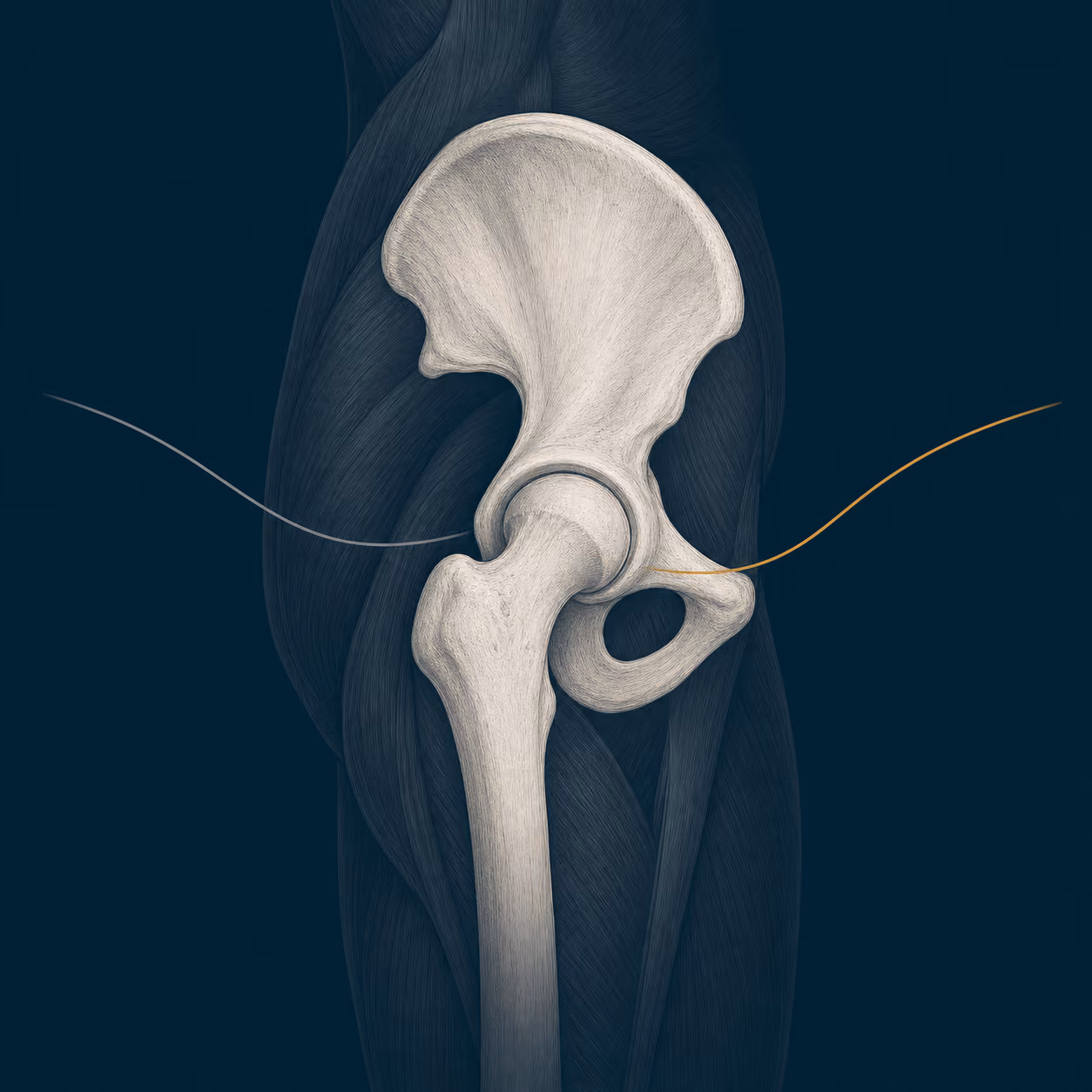 Illustration of a hip joint seen from the side: the ball seated in its socket, with an anterior path arriving from the front of the body and a posterior path arriving from the back