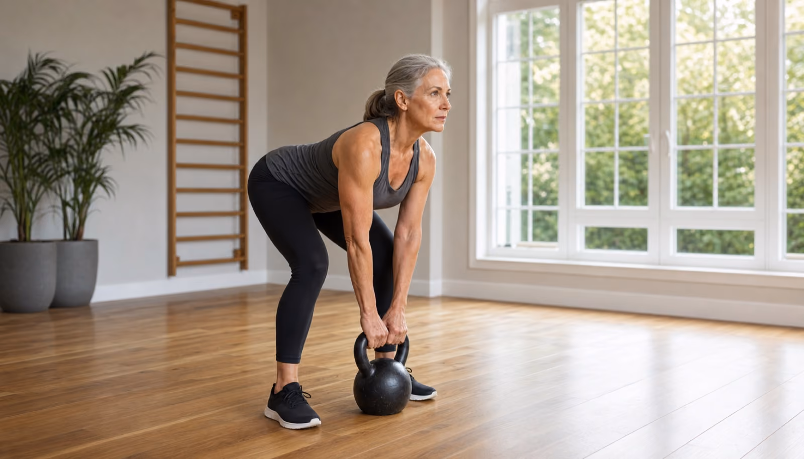 A woman in her late fifties lifts a kettlebell in a home gym