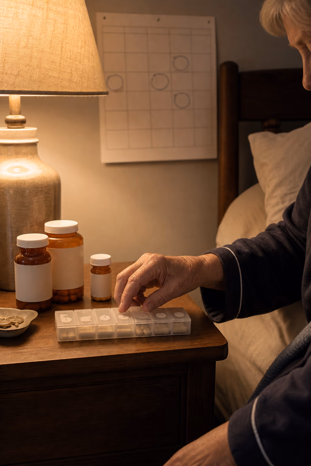 A weekly pill organizer and prescription bottles on a bedside table in lamp light; a hand reaches for the organizer
