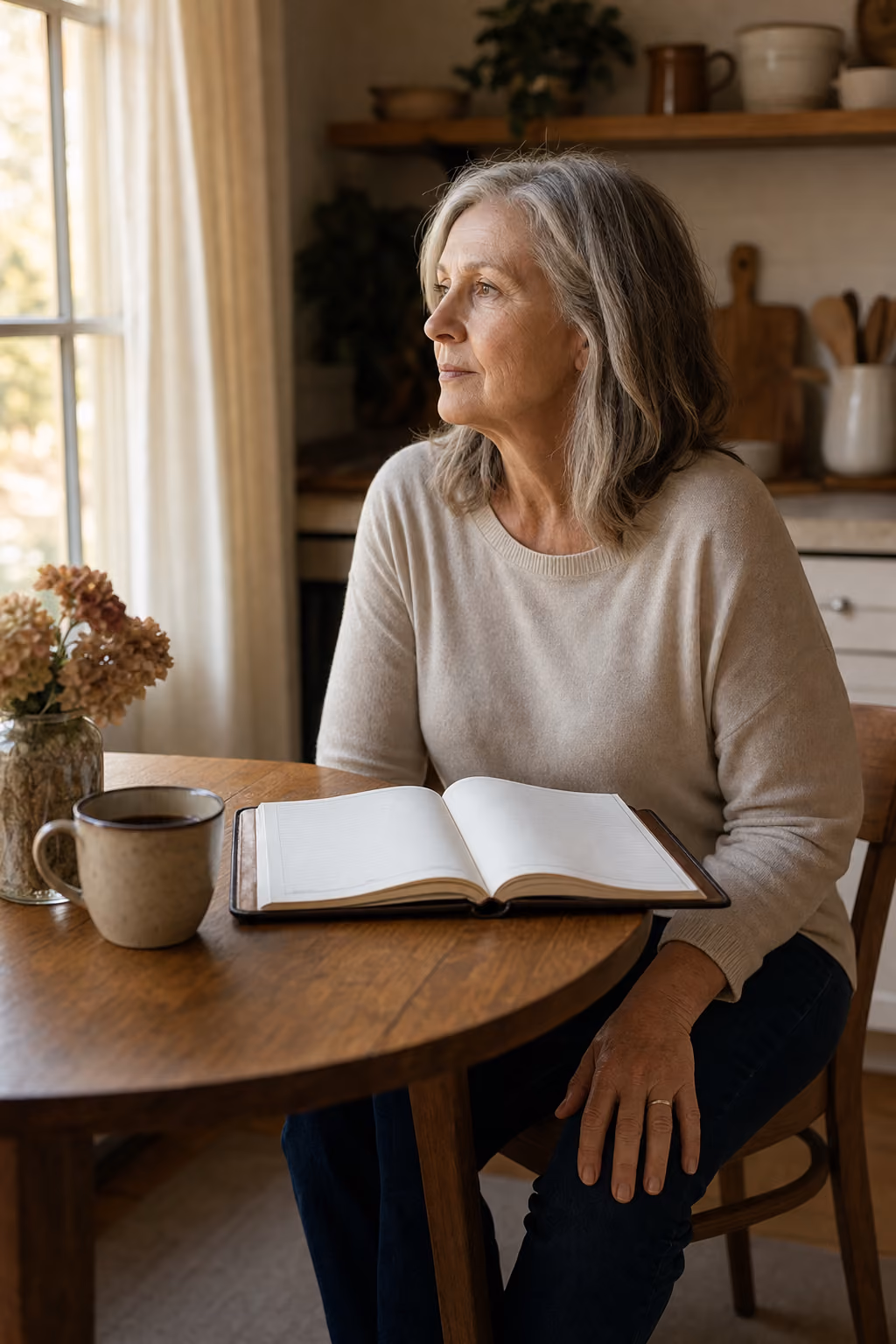 A woman sits at her kitchen table with an open day planner and coffee, looking out the window